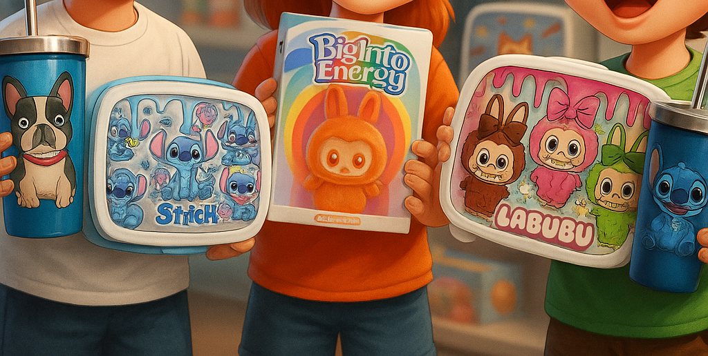 Twee tumblers en twee kleurrijke broodtrommels met populaire cartoonfiguren zoals Stitch, Labubu en Franse Bulldog – KickDropz banner voor schoolspullen