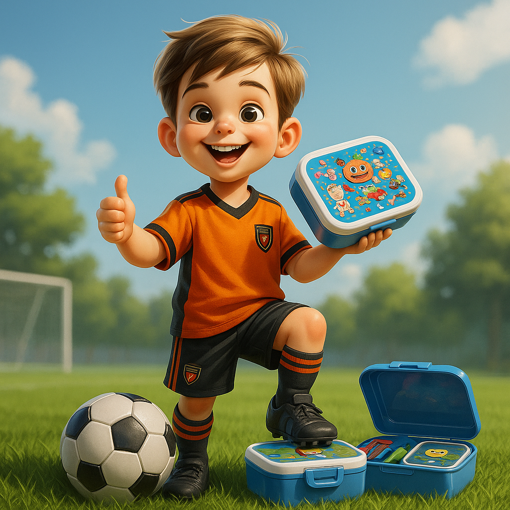 Vrolijk kind in voetbaltenue met blauwe broodtrommel vol kleurrijke snacks – KickDropz nieuwsbrief visual