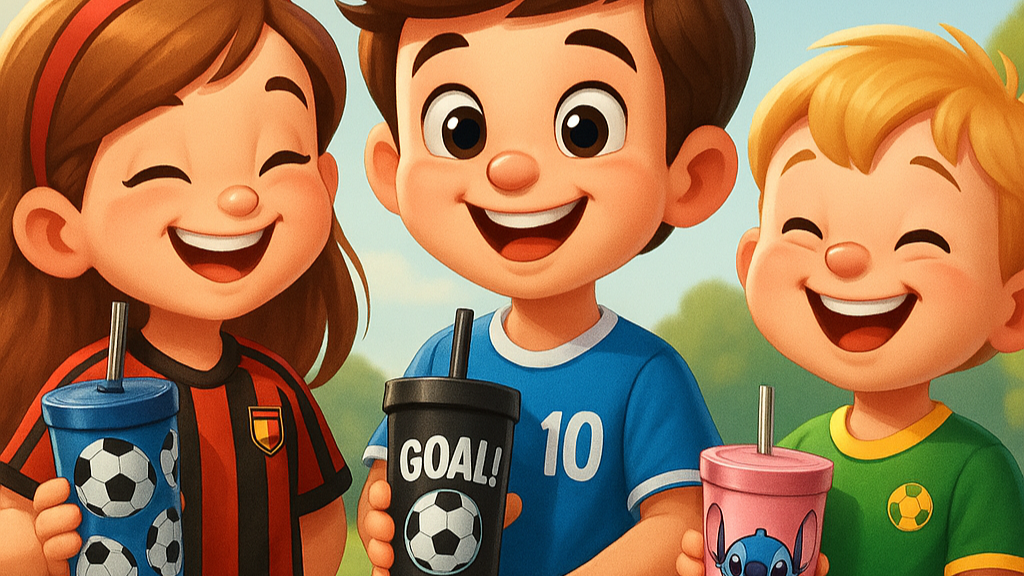 Drie vrolijke kinderen met kleurrijke drinkbekers met voetbalprint en Stitch-design – KickDropz header Drinkbekers & Tumblers
