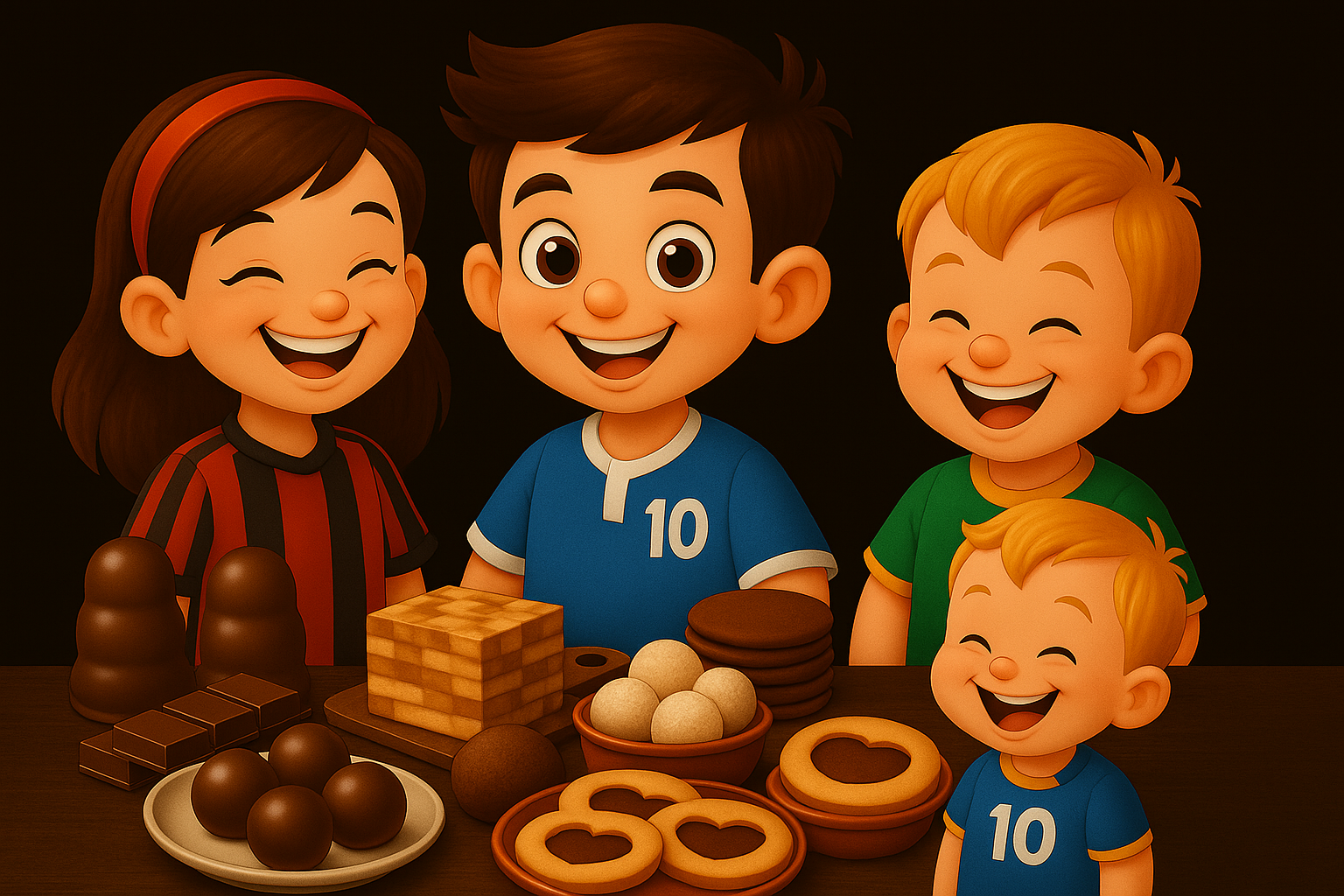 Vier blije cartoonkinderen in voetbalshirts genieten van ambachtelijke lekkernijen zoals chocolade, koekjes en snoep, met een donkere achtergrond.