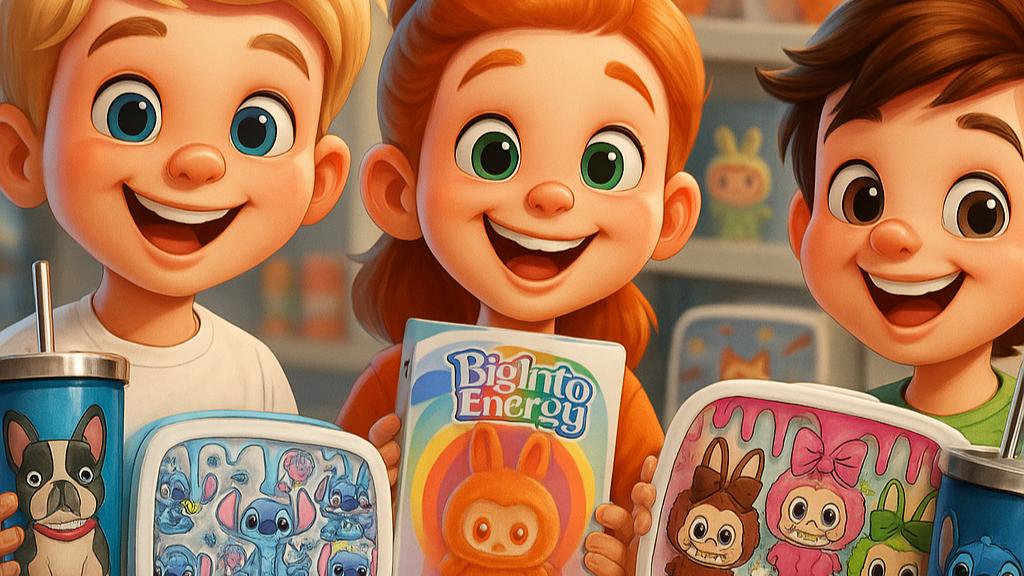 Drie blije kinderen met broodtrommels en drinkbekers van Stitch, Labubu en BigInto Energy – KickDropz Toys & Gadgets headerafbeelding
