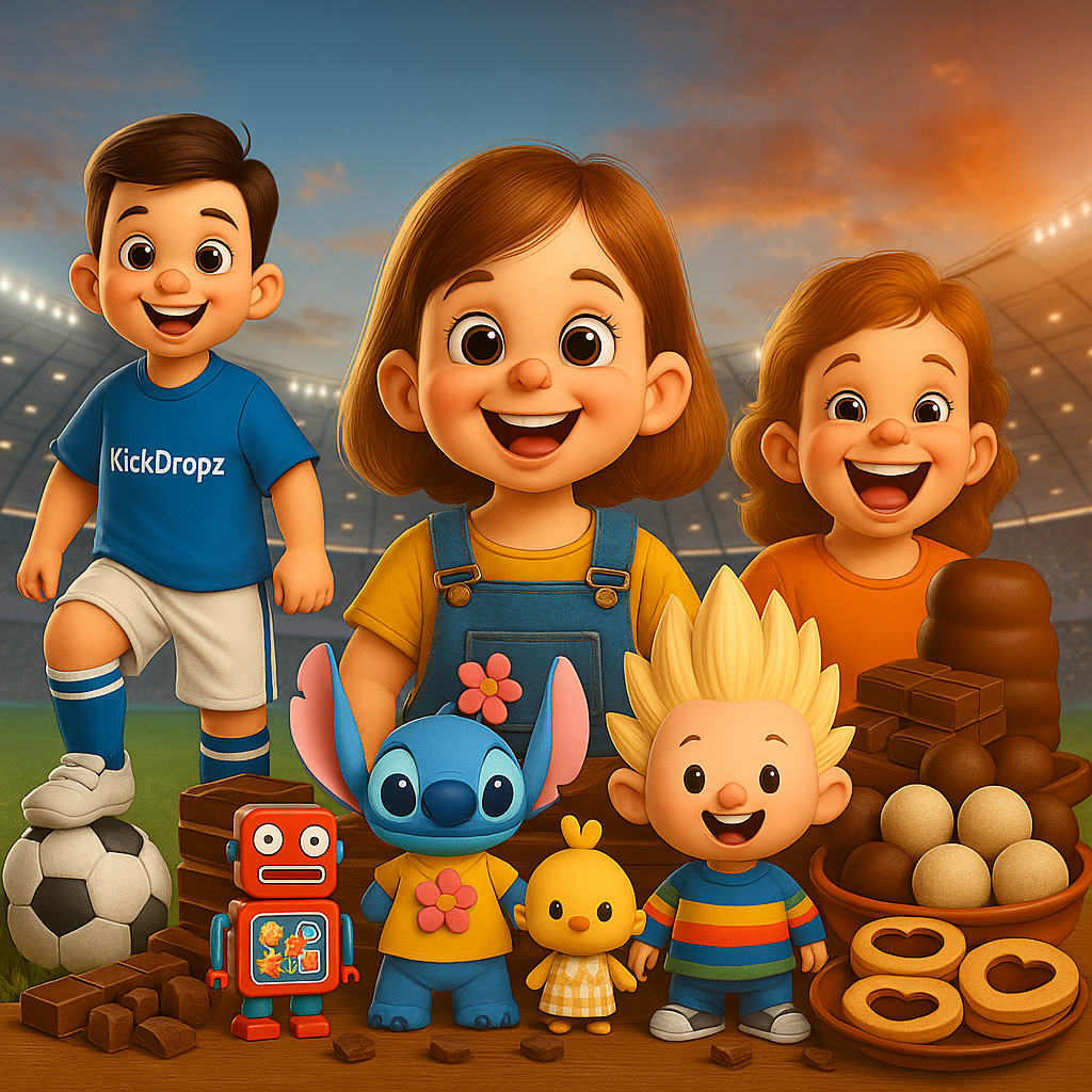 Cartoonkinderen in een stadion met voetbalattributen, kleurrijke speelgoedfiguren, drinkbekers en ambachtelijke lekkernijen – feestelijke sfeer die de producten van KickDropz laat zien.