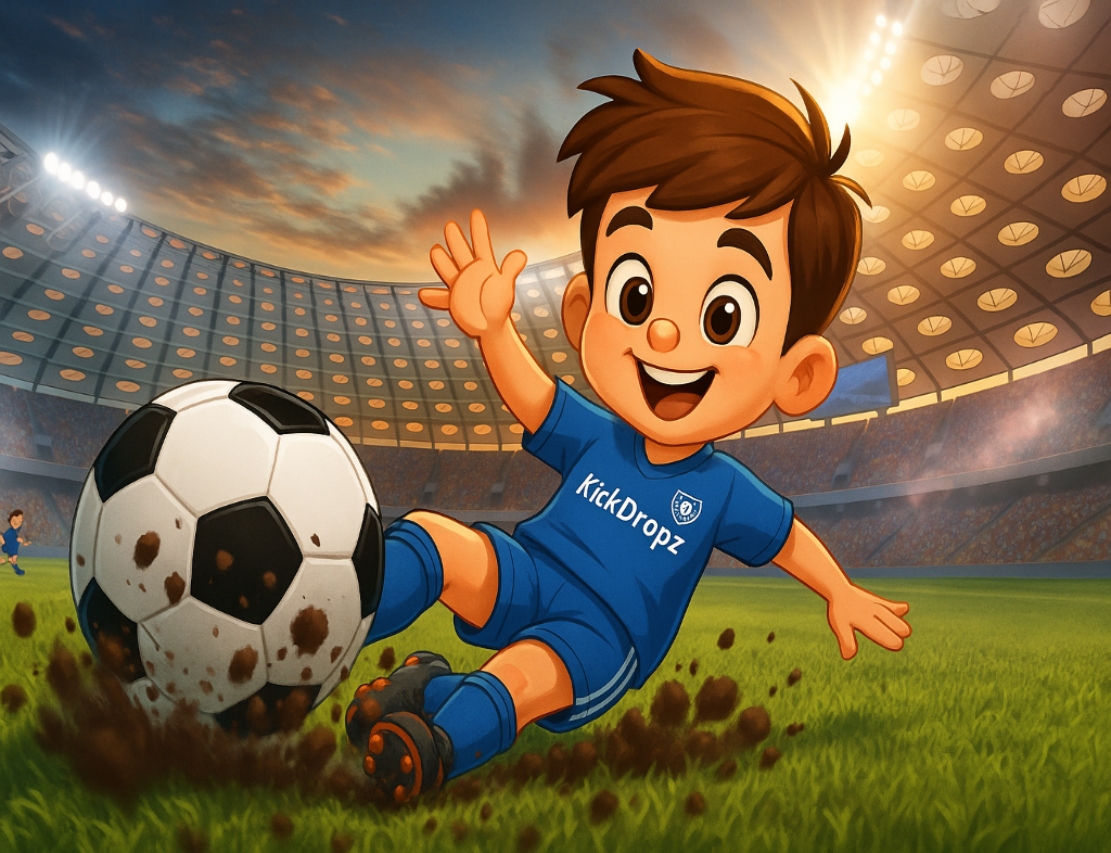 Cartoon kind in blauw KickDropz-shirt maakt een sliding op het voetbalveld in een stadion vol publiek